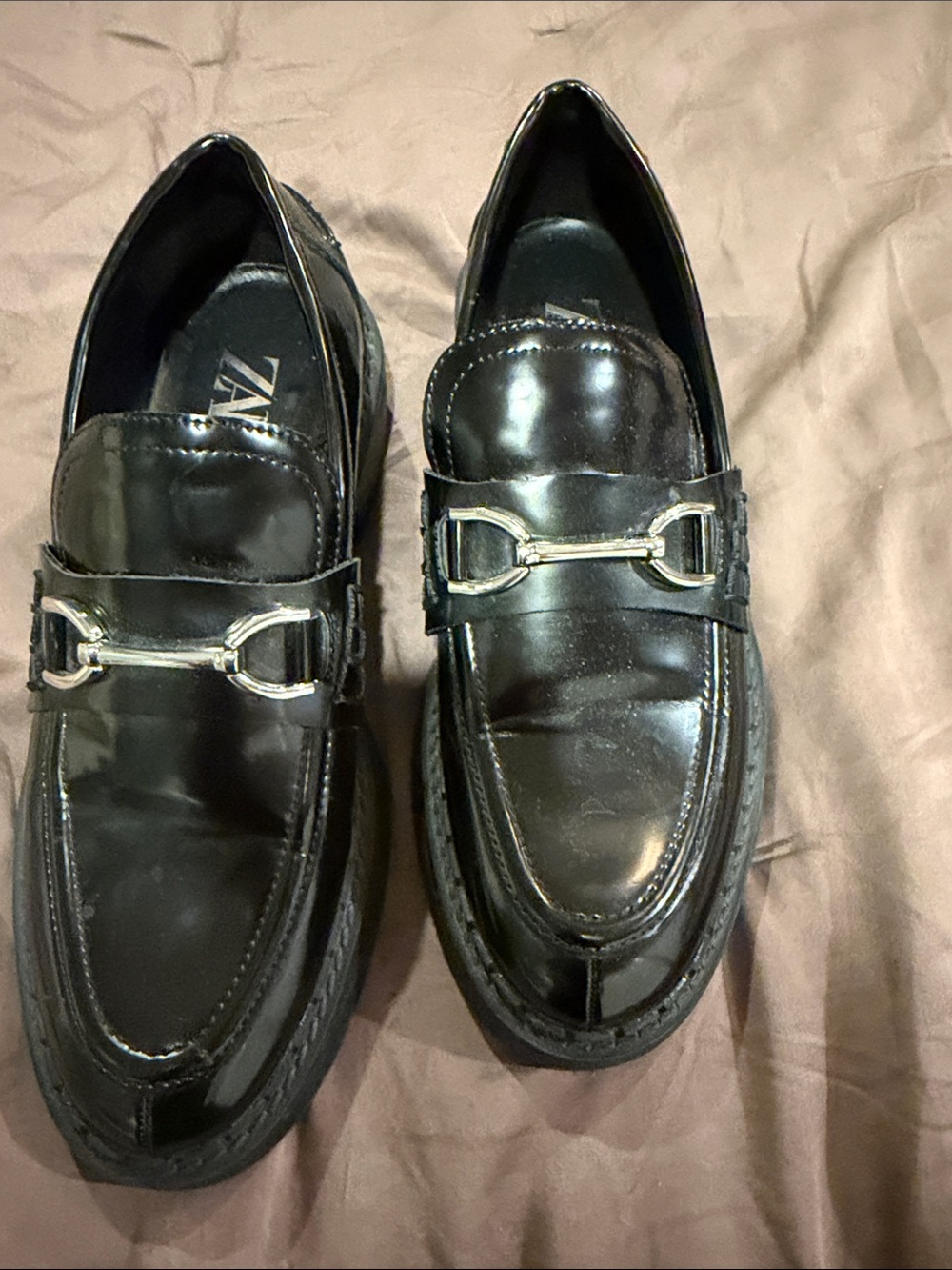 Zara Black Patent Leather Horseshoe Bit Loafers size 38 Women’s